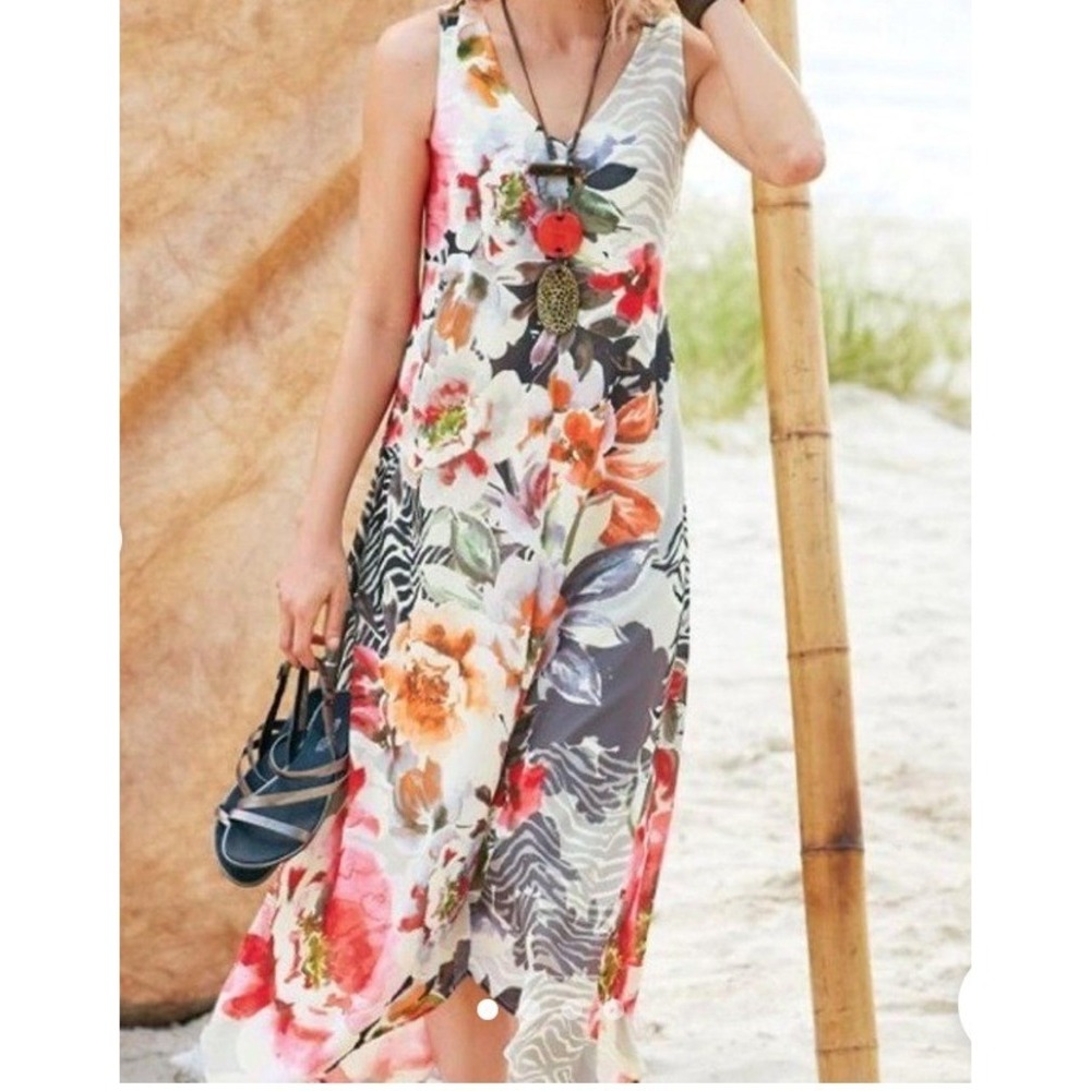 Soft Surroundings Women Floral Maxi Dress 3X Zebra Print Handkerchief Hem Boho